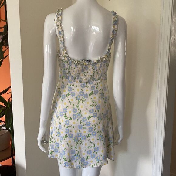 Zara Ivory Yellow Blue Floral Smocked Ruffle Printed Satin Mini Dress Size M - Picture 6 of 11
